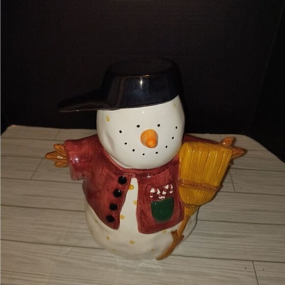 Sakura Debbie Mumm Christmas Holiday Cookie Jar Canister Snowman with Broom 10in - Picture 4 of 10